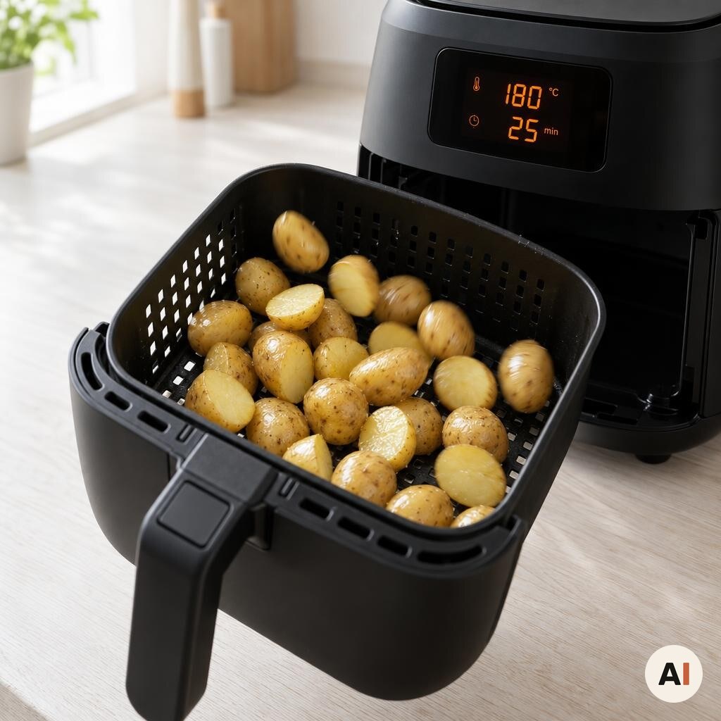 Små kartofler tilberedes ved 180 grader i min airfryer