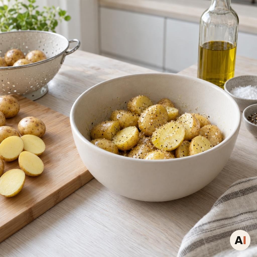 Små kartofler halveres og vendes med olie, salt og peber