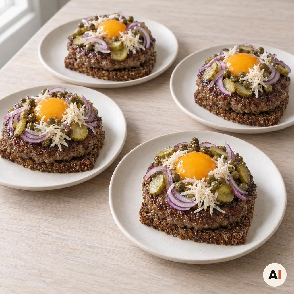 Pariserbøf på ristet rugbrød med æggeblomme og klassisk tilbehør
