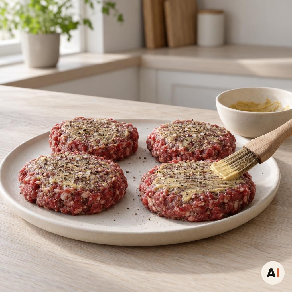 Hakkebøffer pensles med dijonsennep og krydres før tilberedning i min airfryer