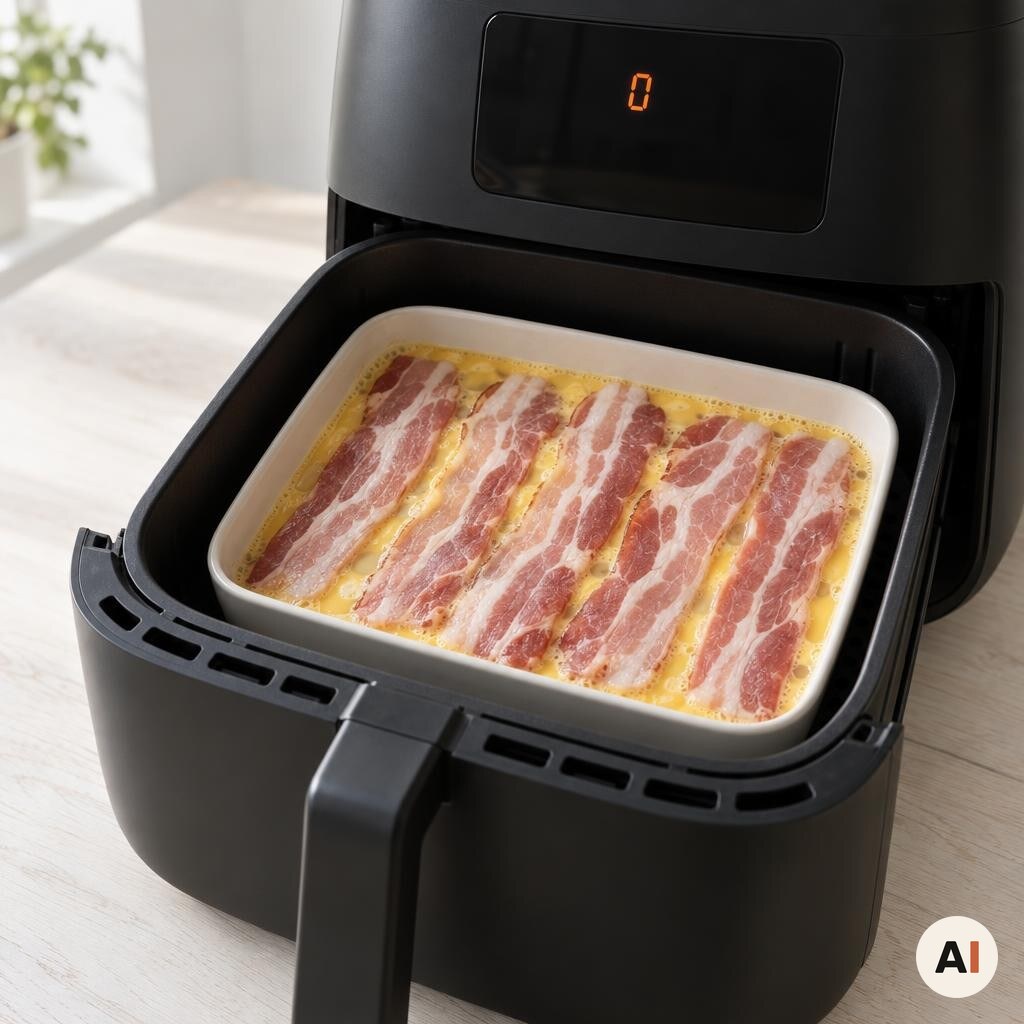 Raa aeggemasse med hele baconskiver i et ovnfast fad i min airfryer.