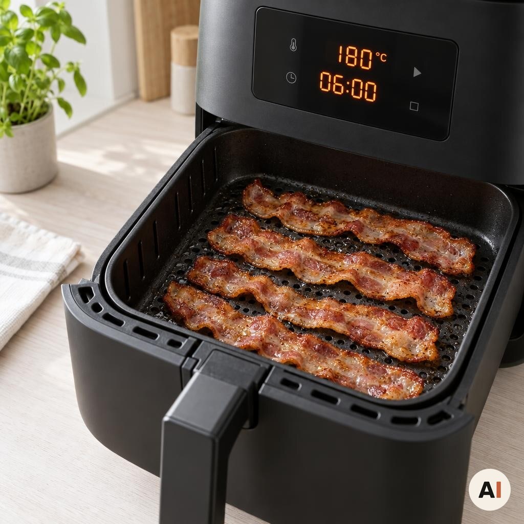 Baconskiver tilberedes sprøde i min airfryer ved 180 grader.