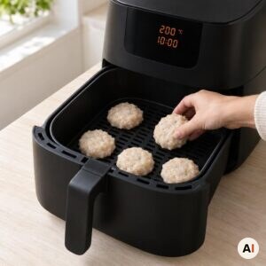 Fiskefrikadeller placeres med afstand i en sort airfryer ved 200 grader