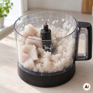 Rå torsk hakkes fint i en foodprocessor på køkkenbordet