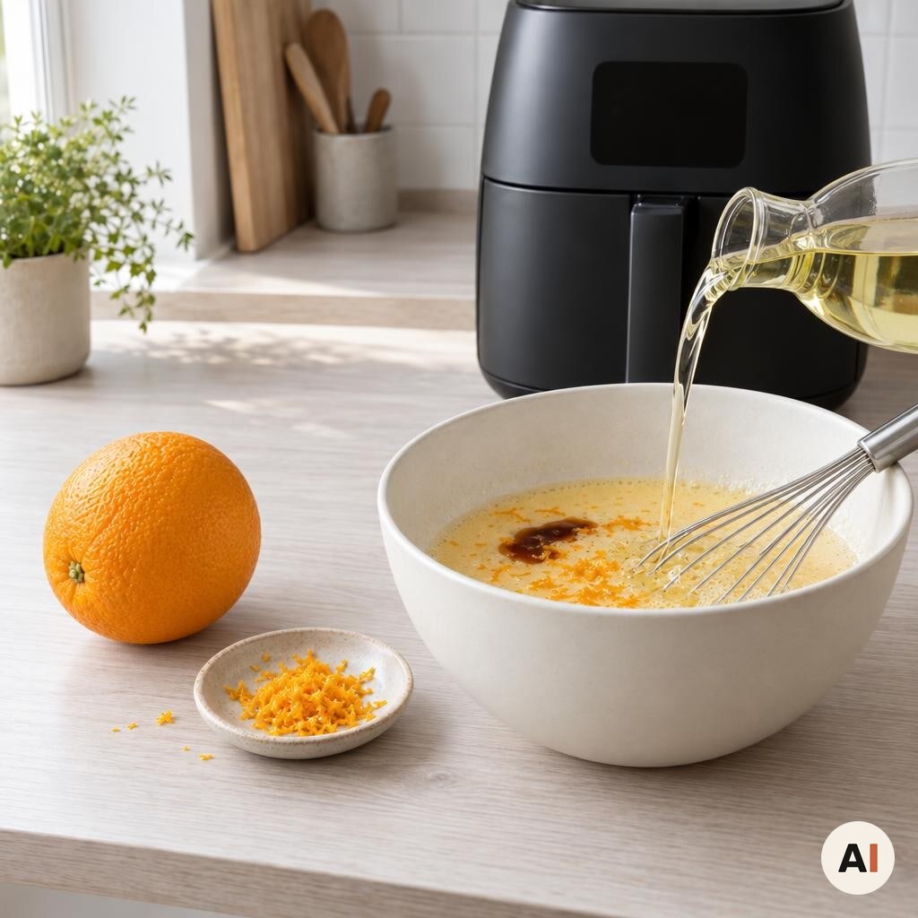 Appelsinsaft, olie, vanilje og skal blandes i æggemassen med én appelsin ved siden af