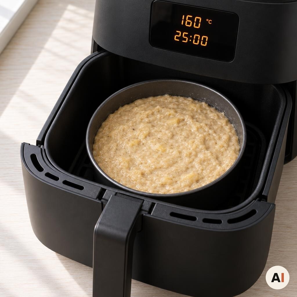 Banankagedej i den ene kageform sættes i min airfryer ved 160 grader