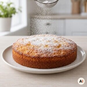 Appelsinkagen pyntes med flormelis før servering