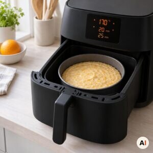Bageformen står i den åbne sorte airfryer ved 170 grader i 20 til 25 minutter