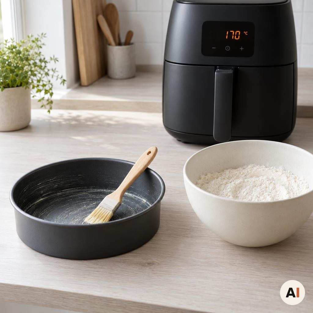 Rund bageform smøres, mens tørre ingredienser blandes i en skål ved siden af airfryeren