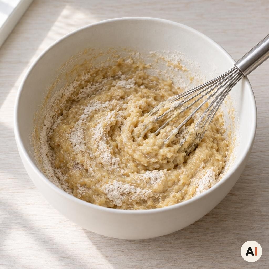 De tørre ingredienser røres forsigtigt sammen med den våde dej