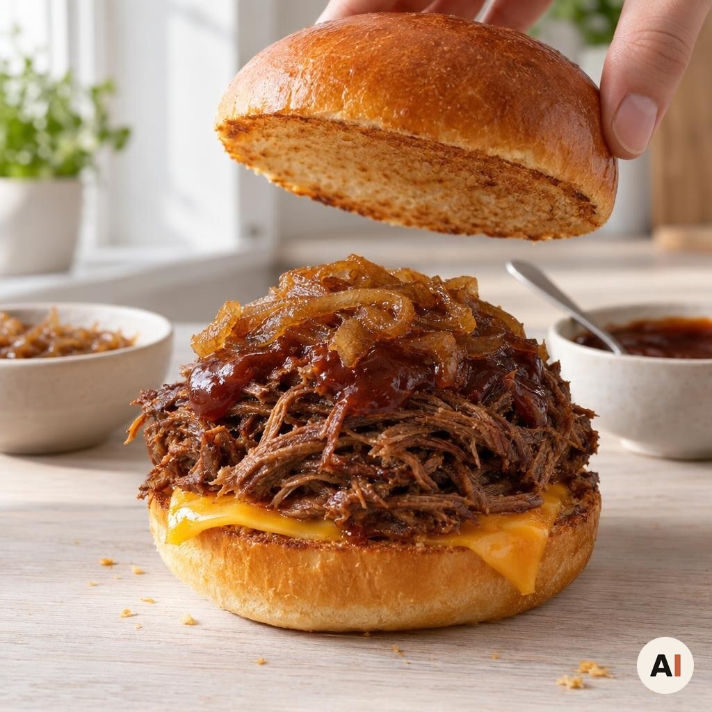 En pulled beef burger samles med cheddarost, BBQ-sauce og løgkompot