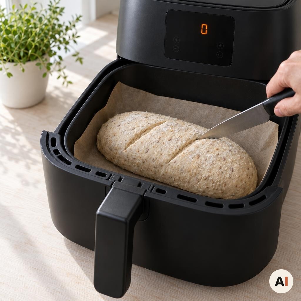 Det aflange brød lægges på bagepapir i min airfryer