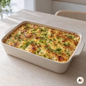 Gratineret lyssej hviler og drysses med resten af persillen