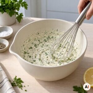 Fløde piskes med citron salt peber og halvdelen af persillen