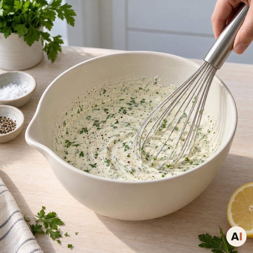 Fløde piskes med citron salt peber og halvdelen af persillen