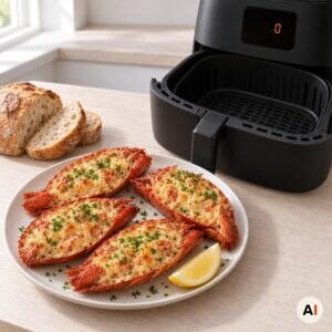 Fire gratinerede hummerskaller serveres med persille, citronbåd og brød i min airfryer-opskrift
