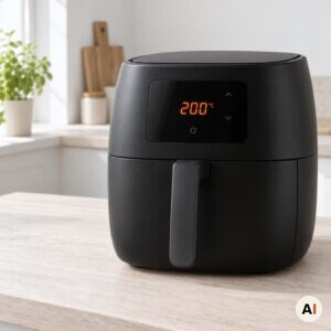 En sort airfryer forvarmes til 200 grader i min airfryer-opskrift