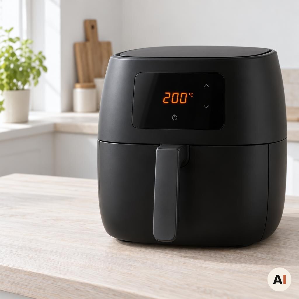 En sort airfryer forvarmes til 200 grader i min airfryer-opskrift