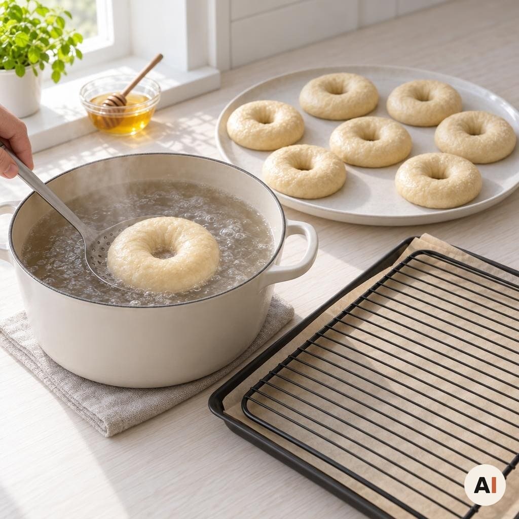 Bagels dyppes i kogende honningvand før tilberedning