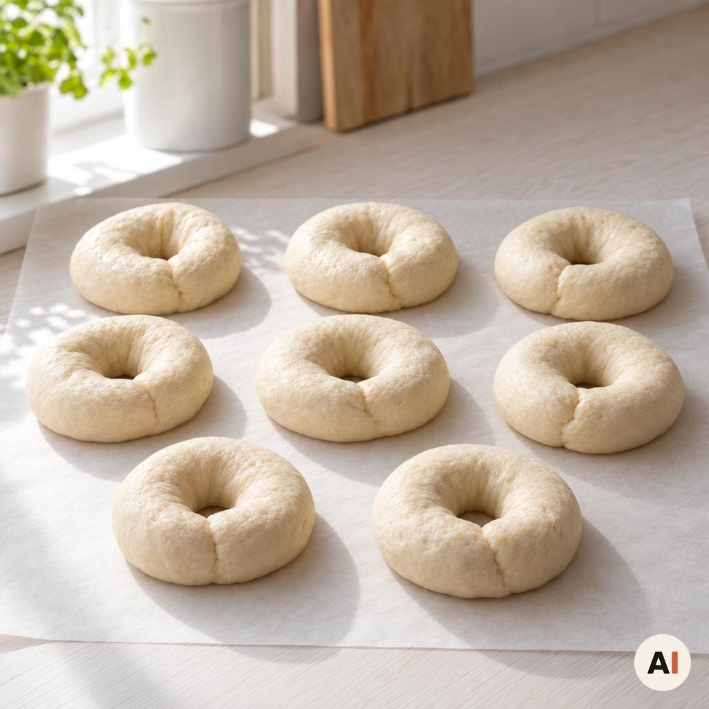 Præcis otte formede bagels hæver på bagepapir