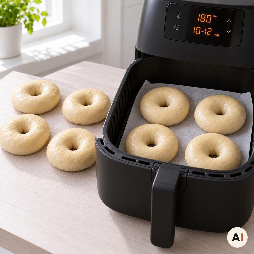 Præcis otte bagels bages i hold i min airfryer ved 180 grader