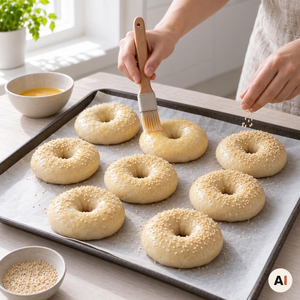 Præcis otte bagels pensles med æggevask og drysses med sesam