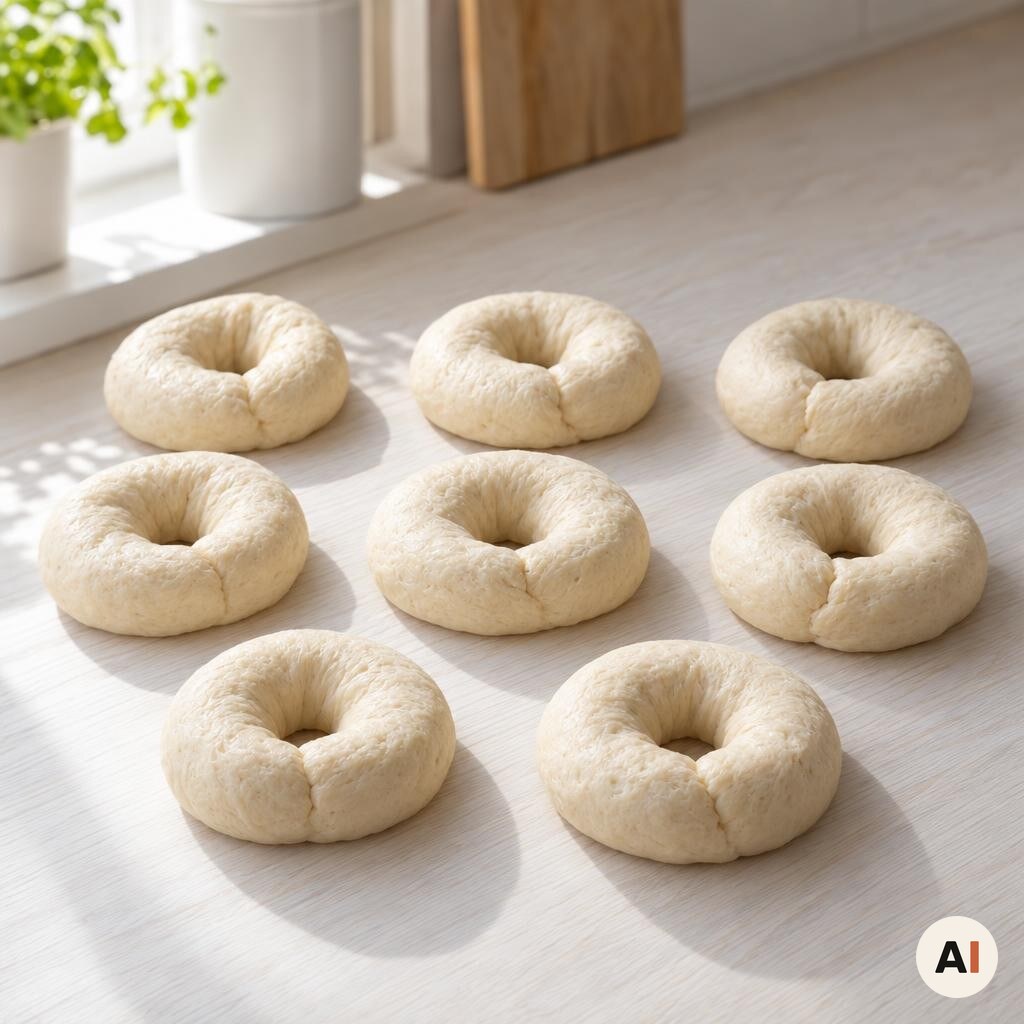 Præcis otte rå bagels formes ved at forbinde dejens ender