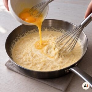 To æggeblommer piskes i den varme Thermidor-sauce med ost