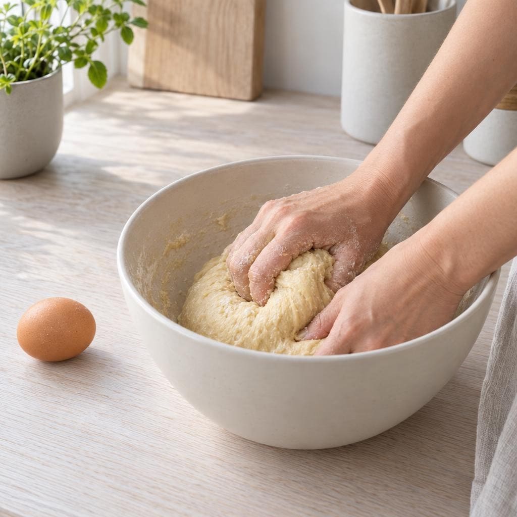 En dej med præcis ét æg æltes i en røreskål til airfryer-brunsviger