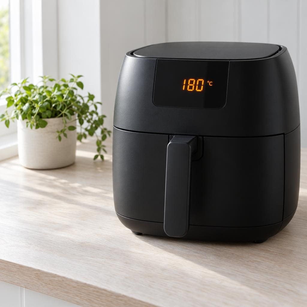 En sort airfryer forvarmes til 180 grader