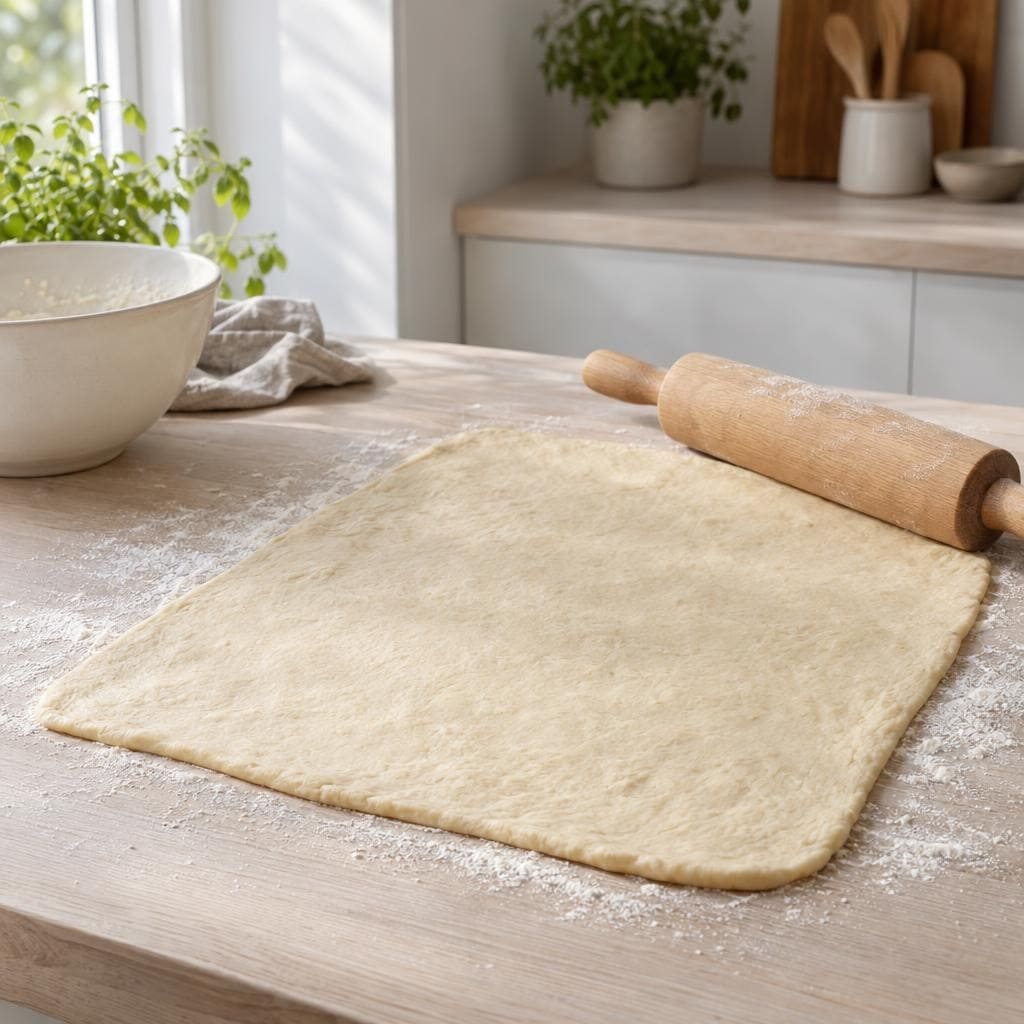 Dejen rulles ud til et tyndt rektangel på et melet bord