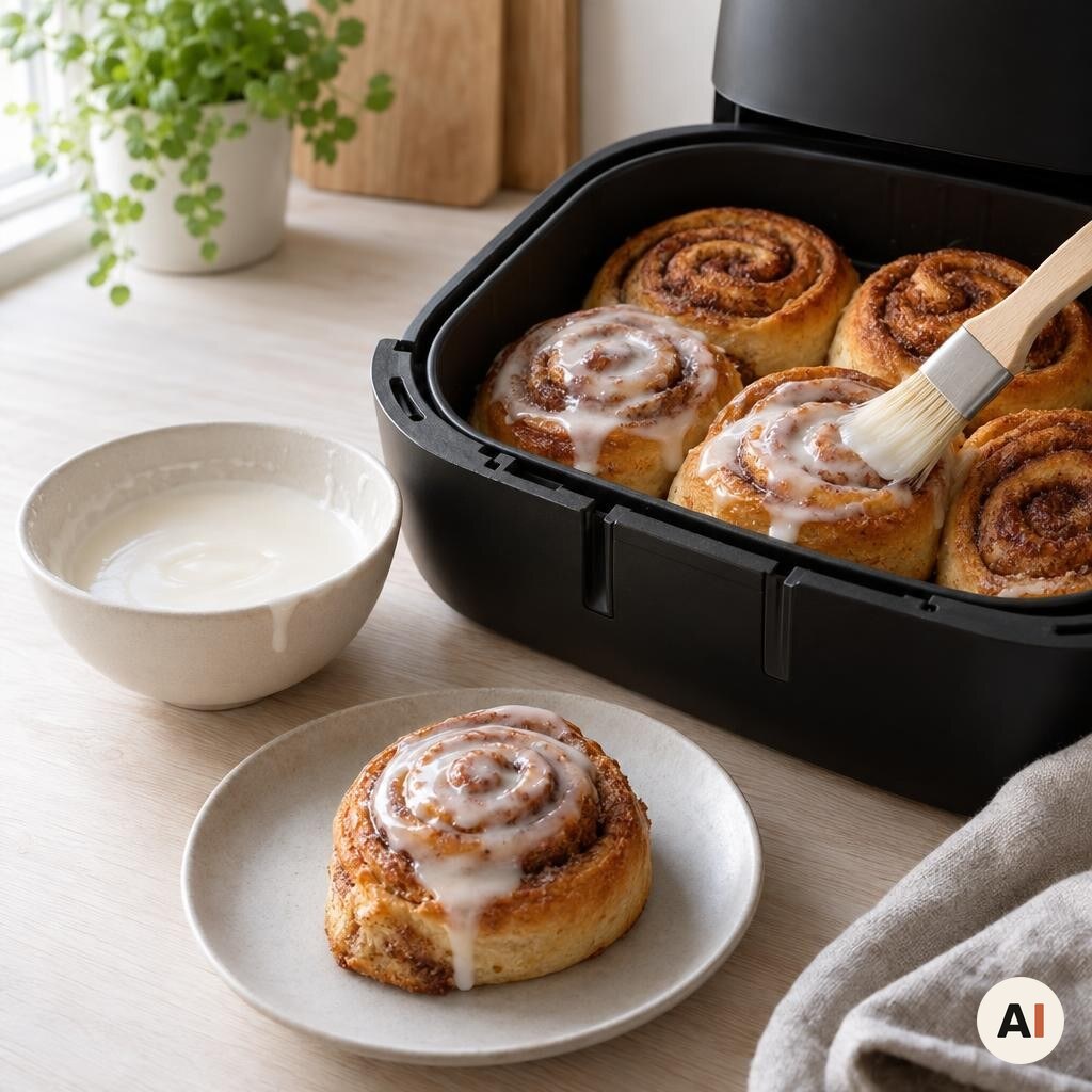 Glasur pensles over lune kanelsnegle efter tilberedning i min airfryer