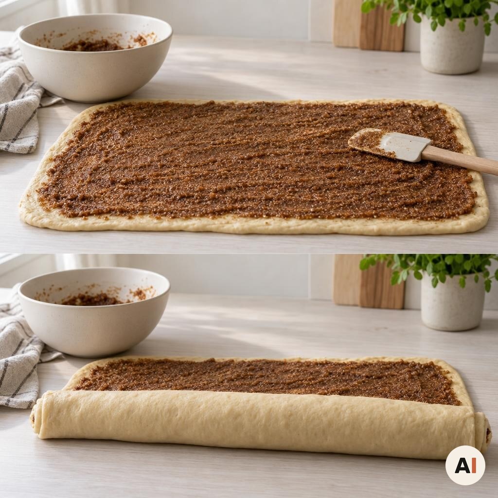 Kanelfyld spredes på dejen, som rulles til én tæt rulle