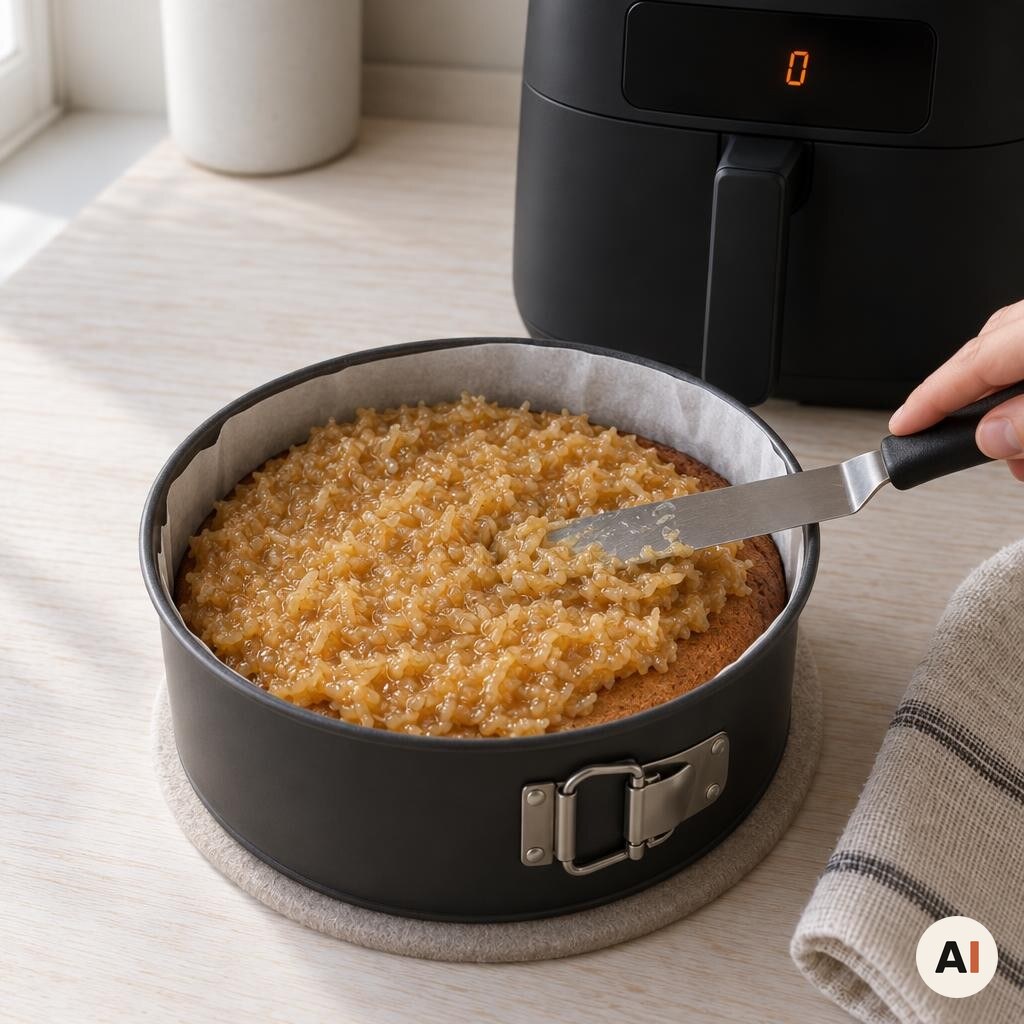 Kokostopping fordeles over kagen efter bagning i min airfryer