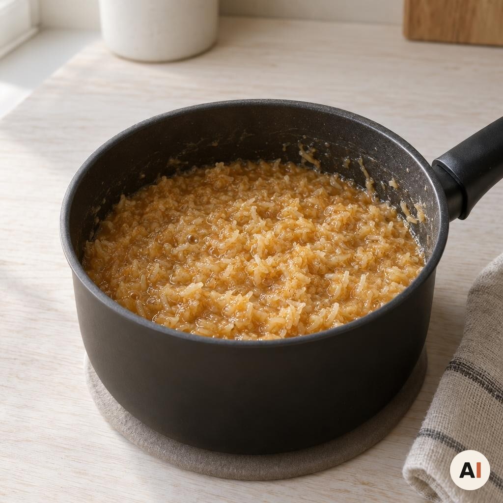 Kokostopping simrer cremet i en gryde til drømmekage i min airfryer