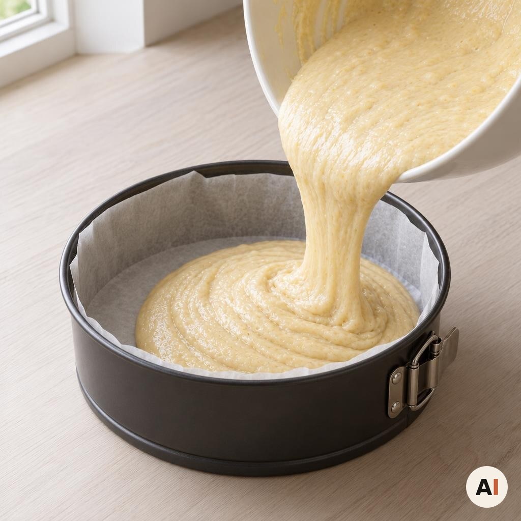 Kagedej hældes i en bagepapirbeklædt springform til drømmekage i min airfryer