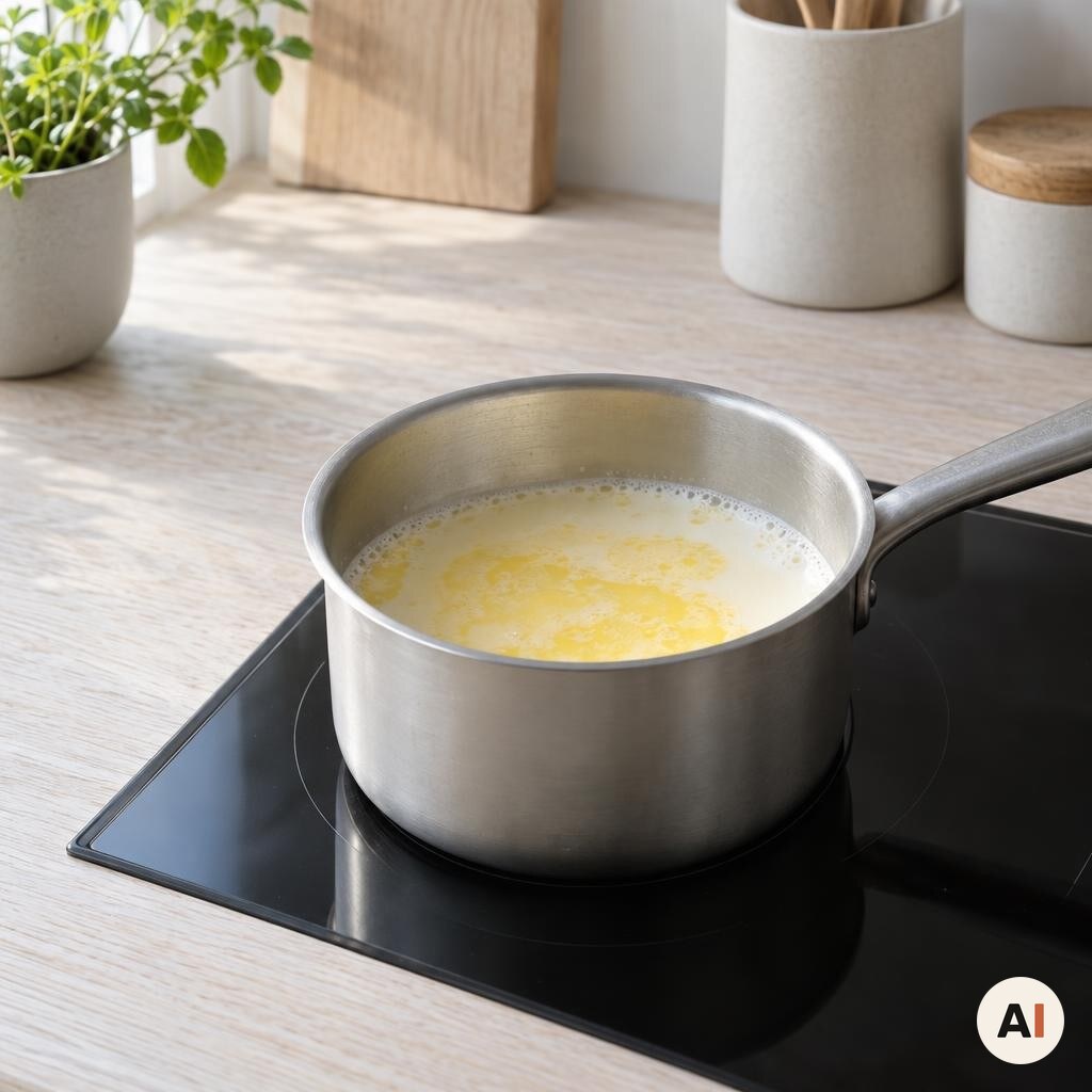 Mælk og smør varmes i en lille gryde til airfryer-brunsviger