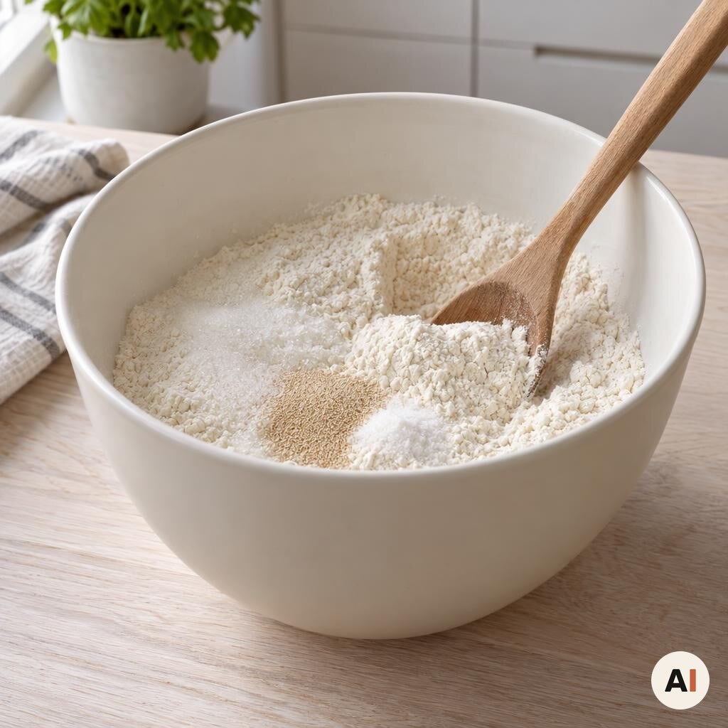 Hvedemel, sukker, tørgær og salt blandes i en røreskål til airfryer-brunsviger