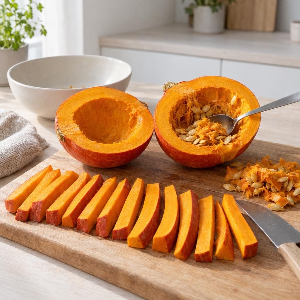Hokkaidogræskar skæres i ensartede stænger før tilberedning i min airfryer