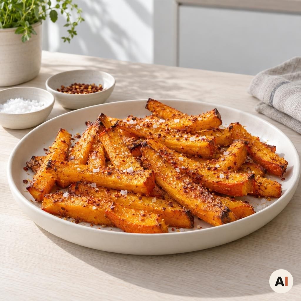Varme græskarstænger drysses med flagesalt og chiliflager i min airfryer