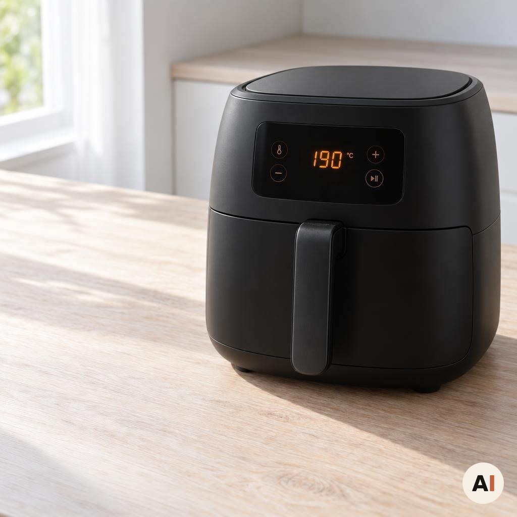 En sort airfryer forvarmes til 190 grader før tilberedning i min airfryer