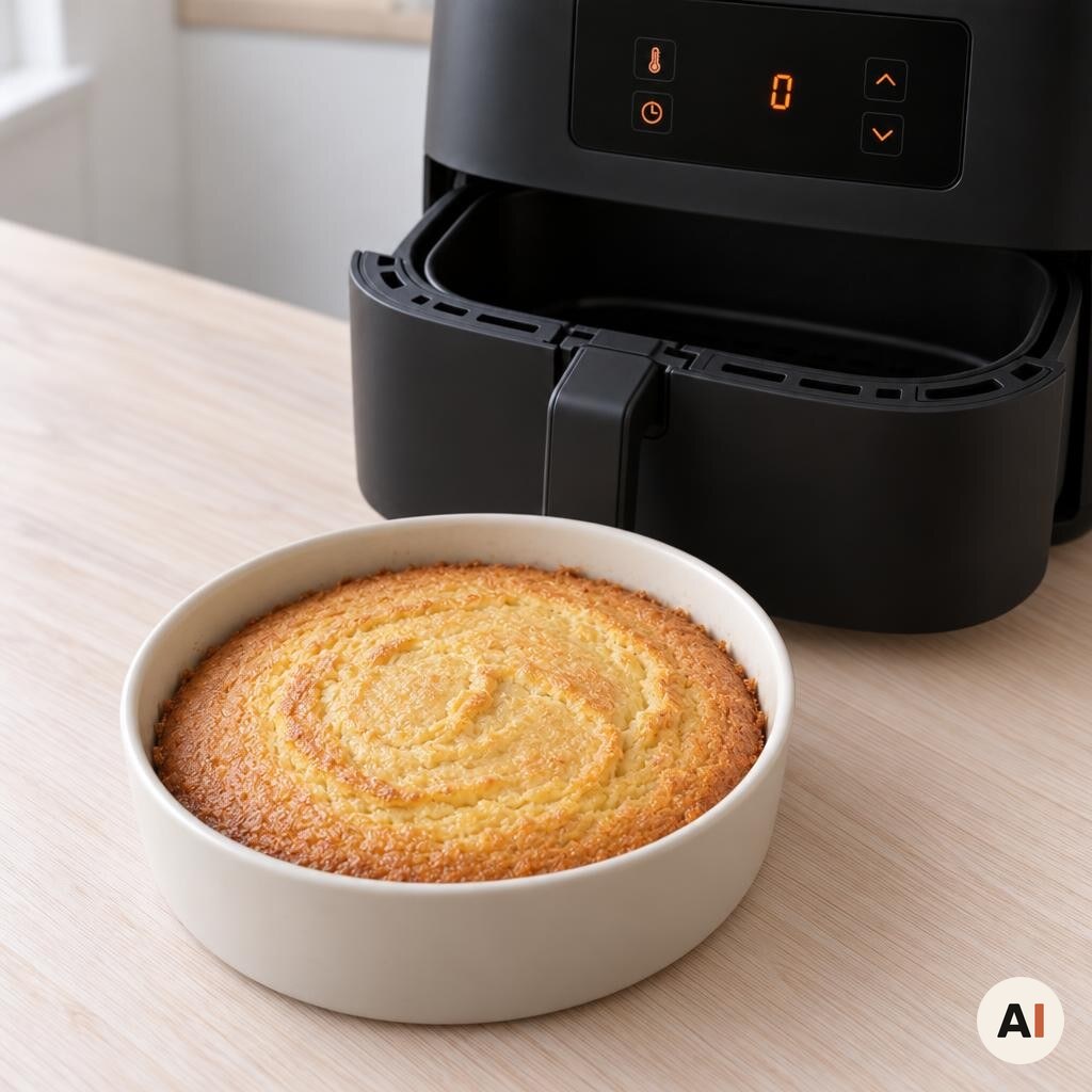 Den bagte citronkage køler af i formen efter min airfryer