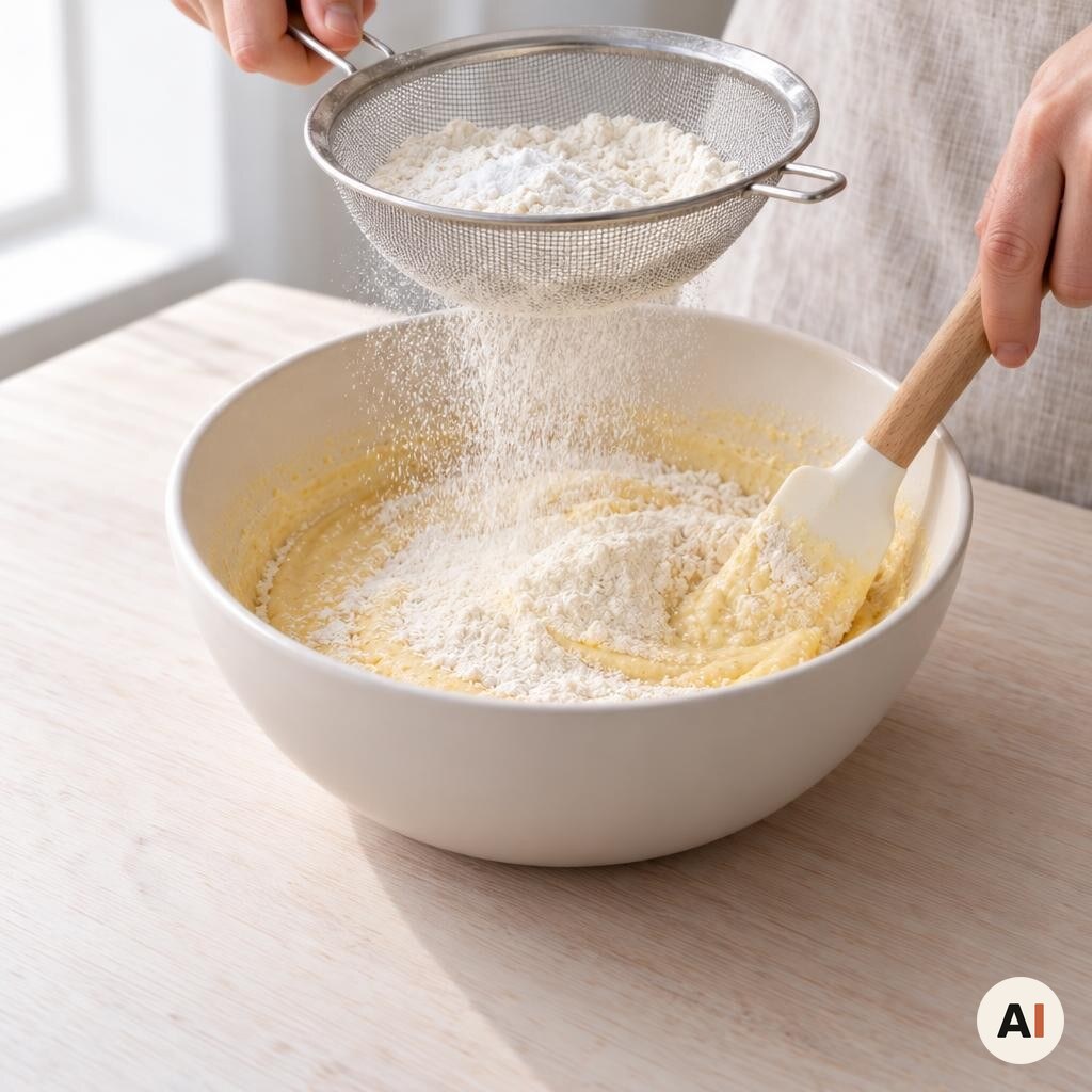 Mel, bagepulver og salt sigtes i dejen