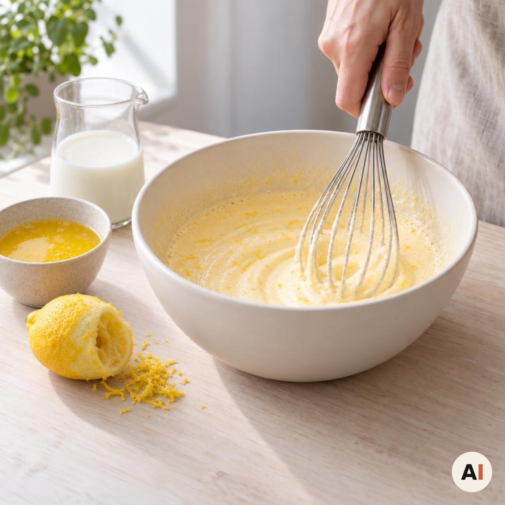 Smør, mælk og citron røres i æggeblandingen