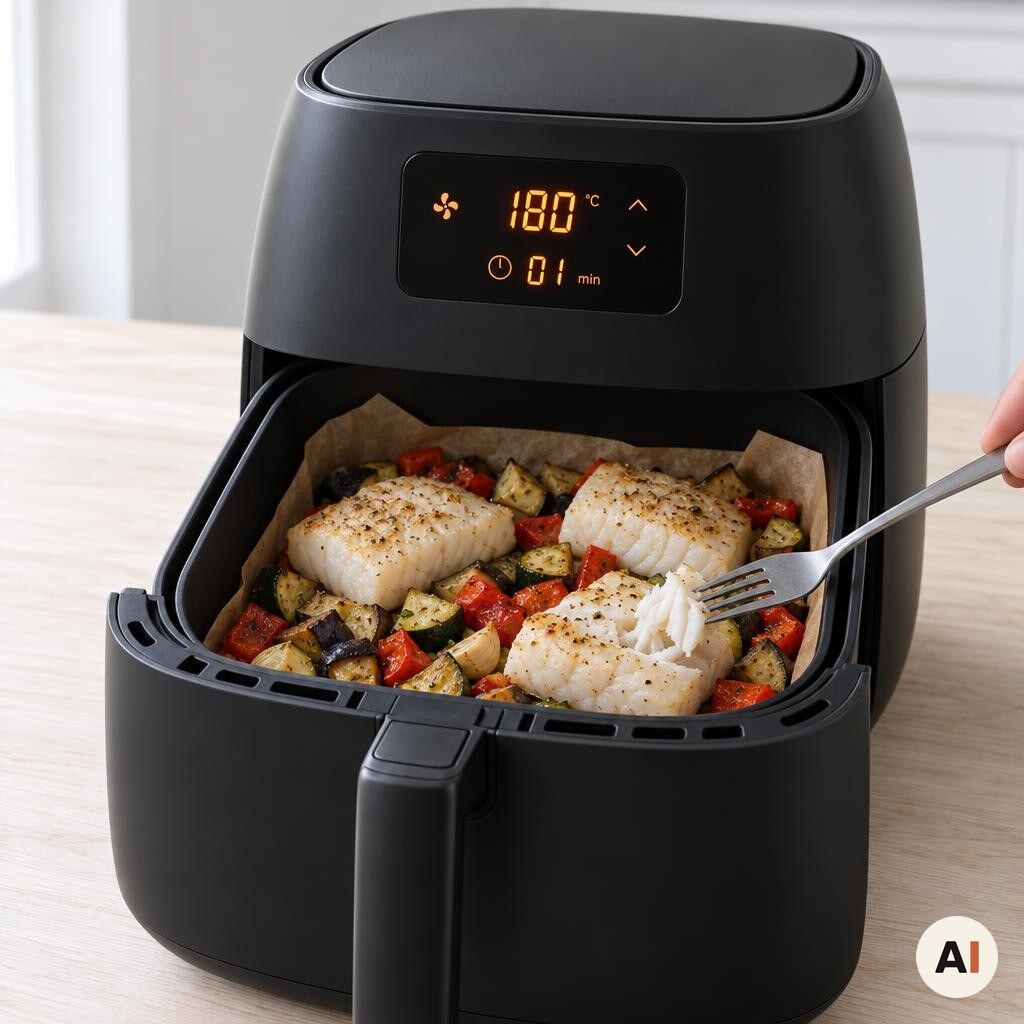 Torskens tykkeste del kontrolleres med en gaffel i min airfryer