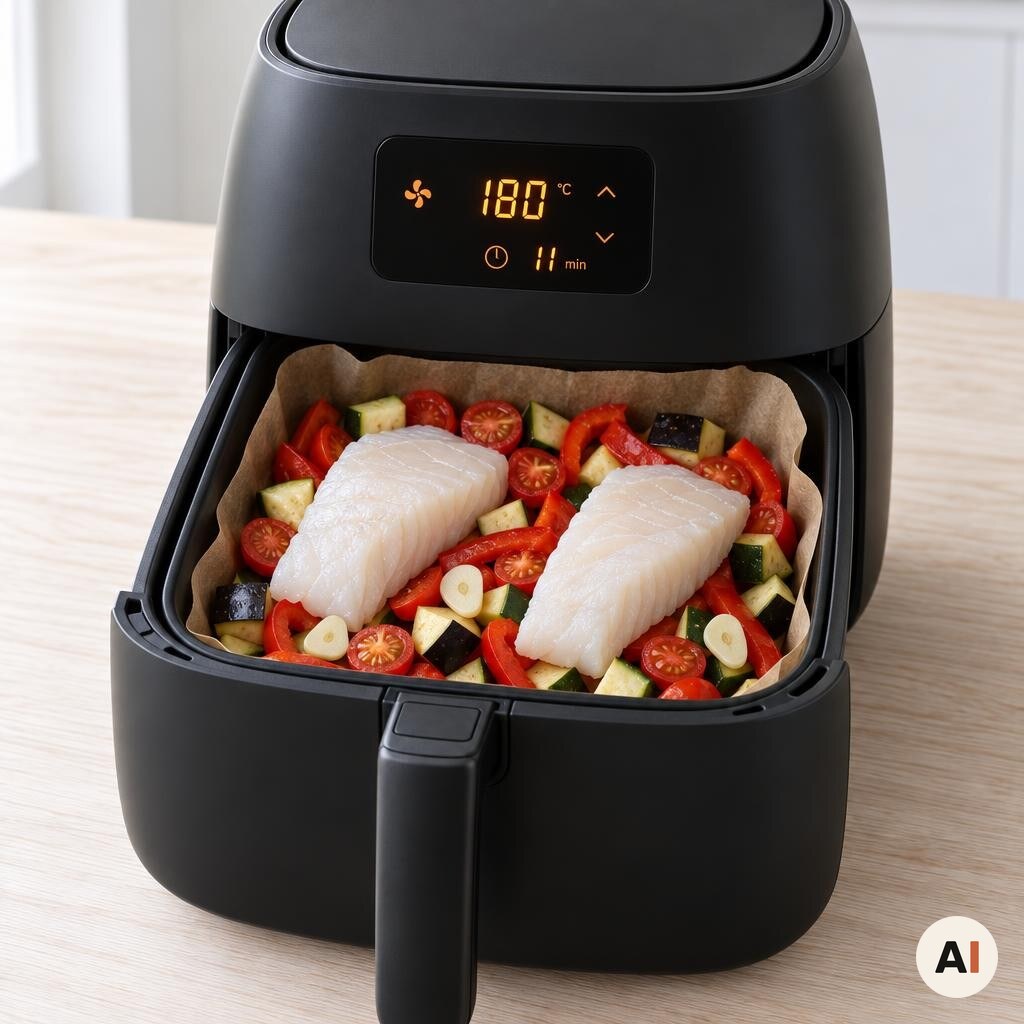 Torsk lægges oven på grøntsagerne i min airfryer
