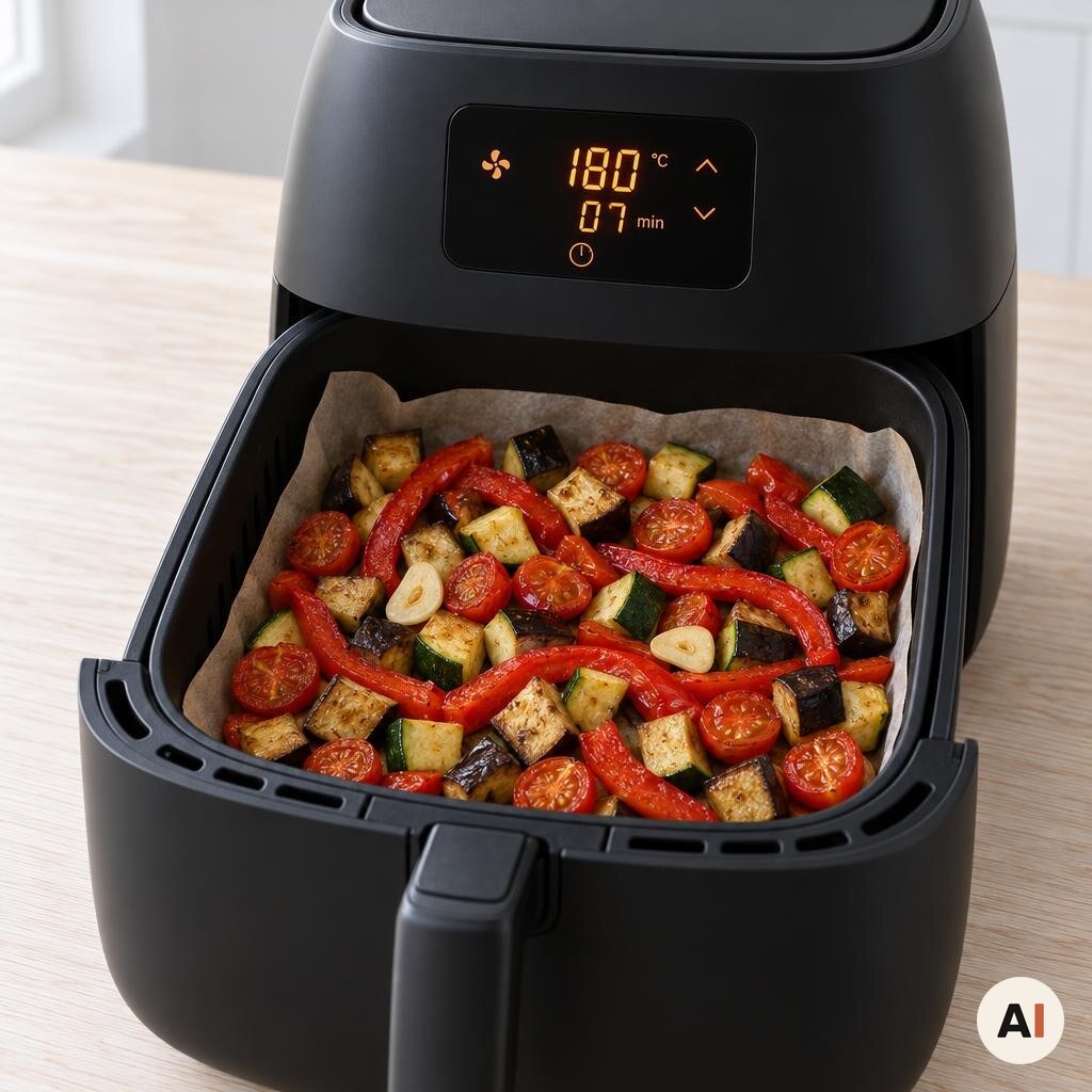 Grøntsager vendes i bagepapir i min airfryer ved 180 grader