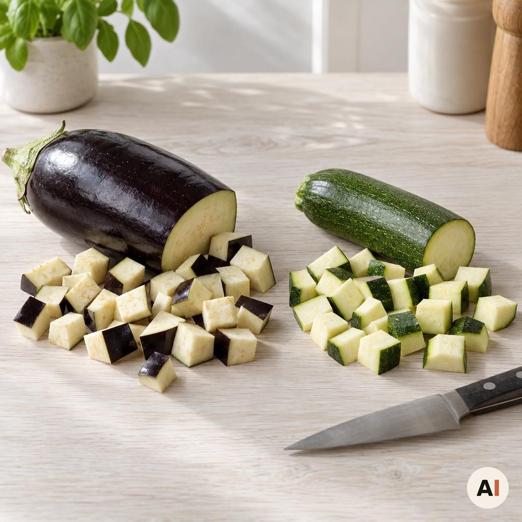 En aubergine og en courgette skæres i tern på køkkenbordet