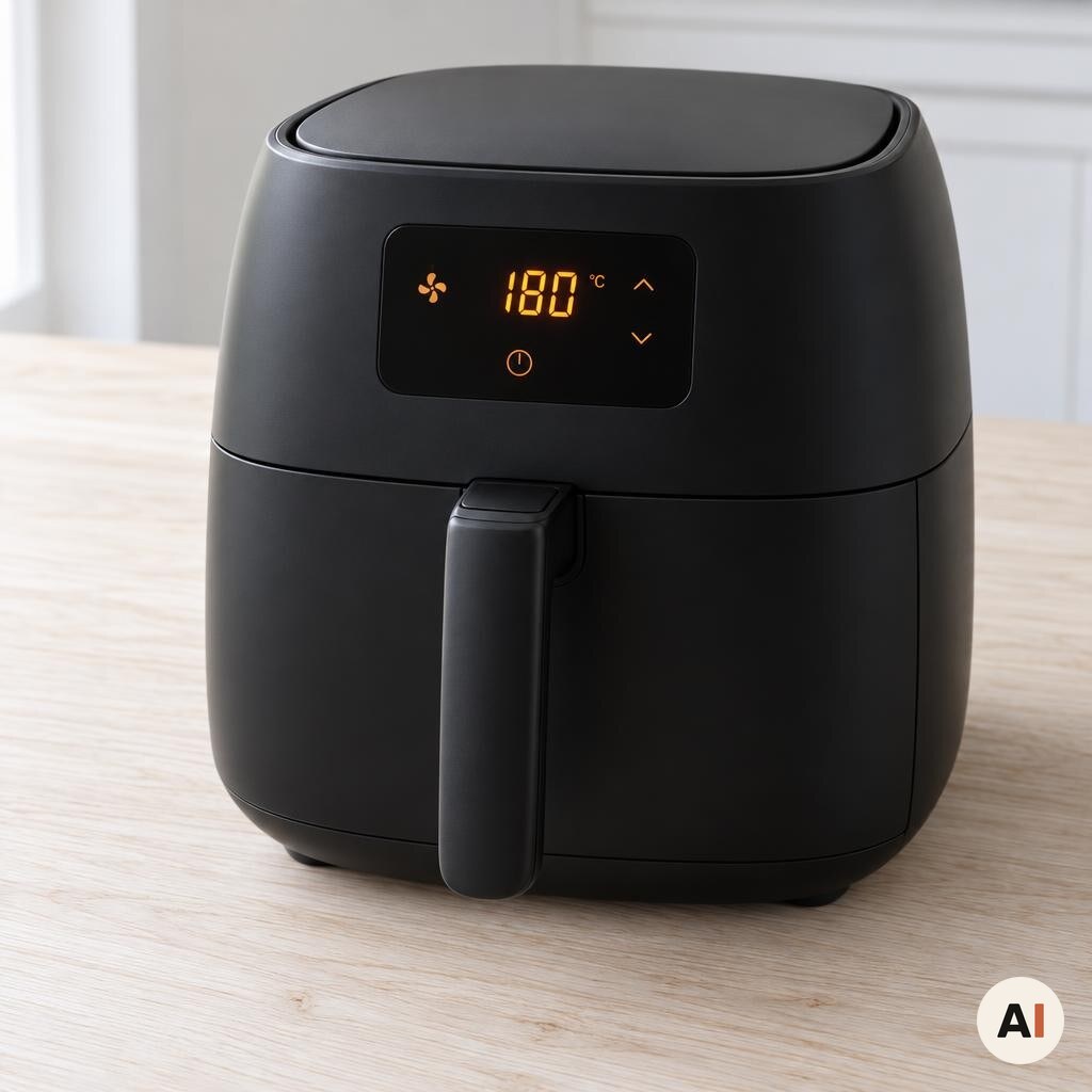 En sort airfryer forvarmes til 180 grader