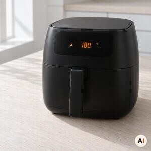 En sort airfryer forvarmes til 180 grader